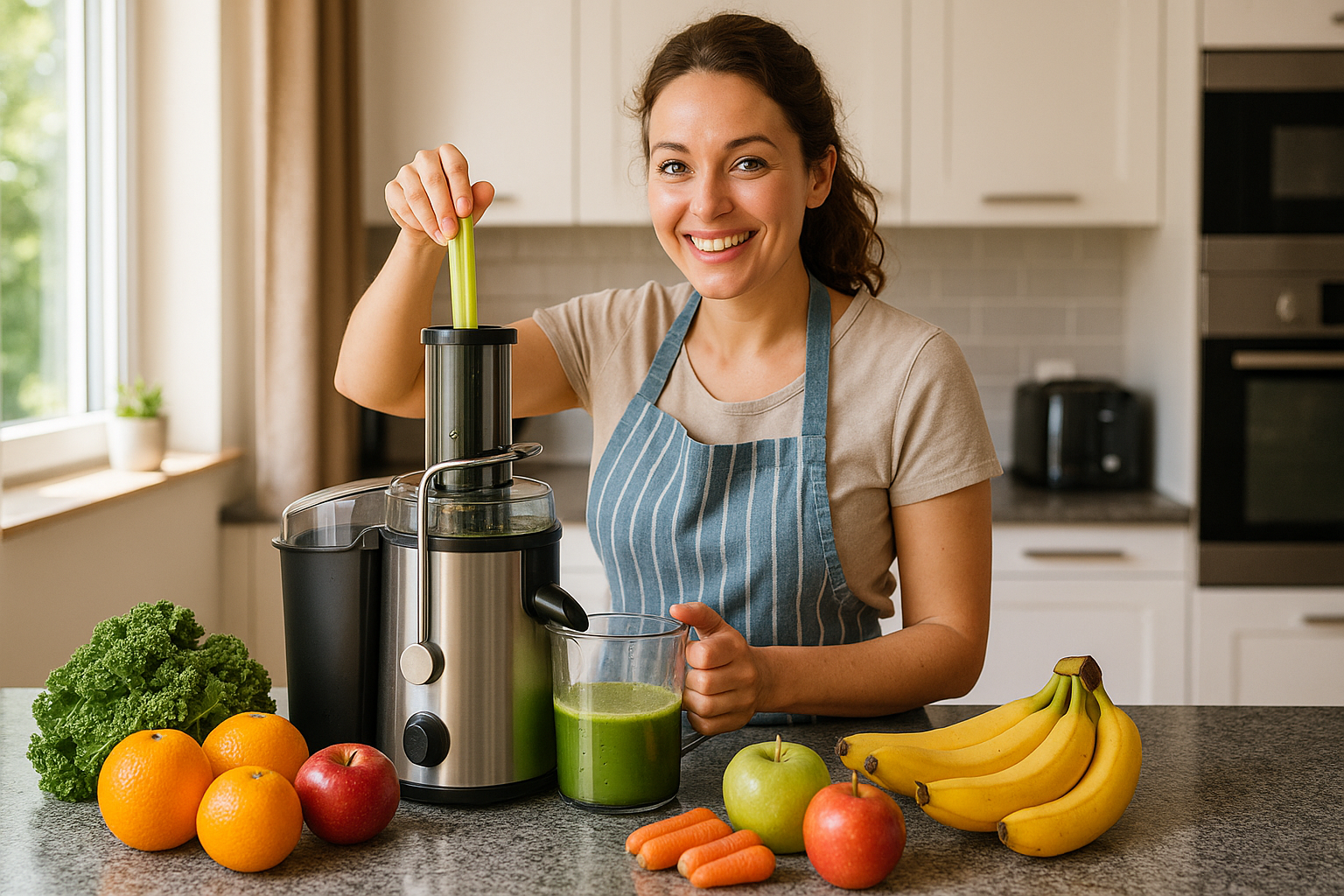 House wife with juicer mixer in kitchen 